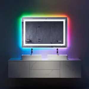 DOMETOUR Bathroom Mirror With LED Lights, Wall Mounted Makeup Mirror with Light Lighted Vanity Mirror, RGB Backlit Color Changing Anti-Fog (55" X 30", Adjustable Front-Lighted)