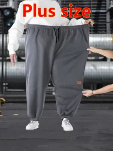 Super Plus Size Men's Loose Fit Sports Pants, Fleece Casual Long Pants, Fall Winter Essential Running Pants, Waist Drawstring Design