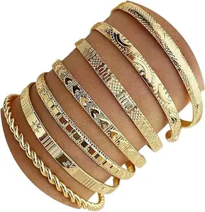 Gold Bangles Bracelets for Women Girls 14k Gold Plated Multi Layer Stackable Cuff Bracelet Set