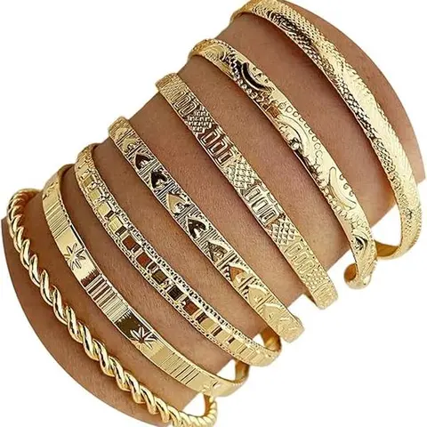 Women's 14K Gold Plated Textured Multi-Layer Stackable Cuff Bangle Set - Adjustable (6 Cm - 6.8 Cm), Non-Tarnish Jewelry, Anniversary Accessory, Bracelet Stacks