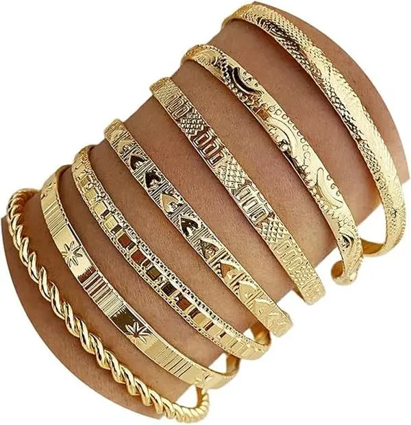 Gold Bangles Bracelets for Women Girls 14k Gold Plated Multi Layer Stackable Cuff Bracelet Set