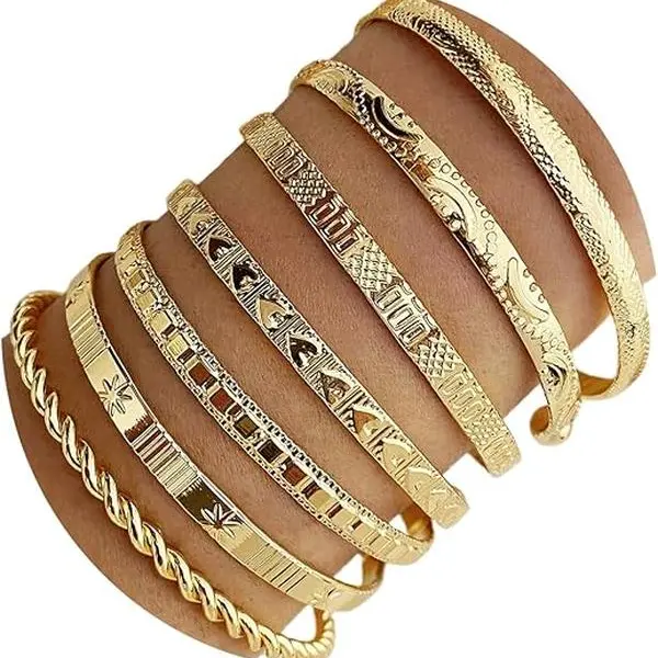 Women's 14K Gold Plated Textured Multi-Layer Stackable Cuff Bangle Set - Adjustable (6 Cm - 6.8 Cm), Non-Tarnish Jewelry, Anniversary Accessory, Bracelet Stacks