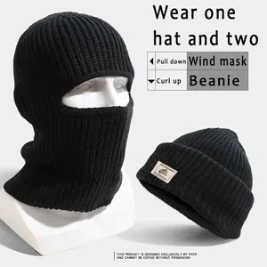 Knit Balaclava and Beanie Cap with Ear Warmer, Stretchable Polyester Toggle Closure, Solid Color Wind Mask for Christmas - Hand Washable Winter Headwear