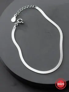 S925 Sterling Silver Flat Snake Bone Design Bracelet, with Heart End Plate, Fashion Jewelry for Party, Daily Clothing Decor, Trendy All-match & Exquisite Jewelry for Gift