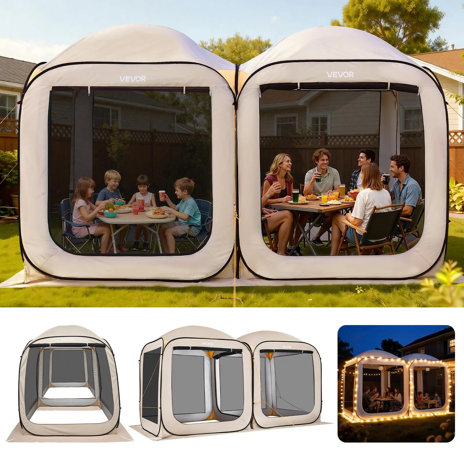 VEVOR Screen House Tent, 12 x 6 ft, 2 in 1 Pop Up Screen Tent, Portable Screened in Canopy with Carry Bag, Netting Sides, Ground Stakes, for Garden, Patio, Backyard, and Outdoor Activities, Beige