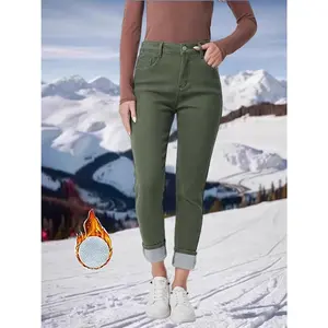 Women's warm winter jeans - sexy slim fit elastic straight leg pants, thick wool lining, machine washable waist and cold resistant opaque fabric, autumn and winter retro style anti roll pants