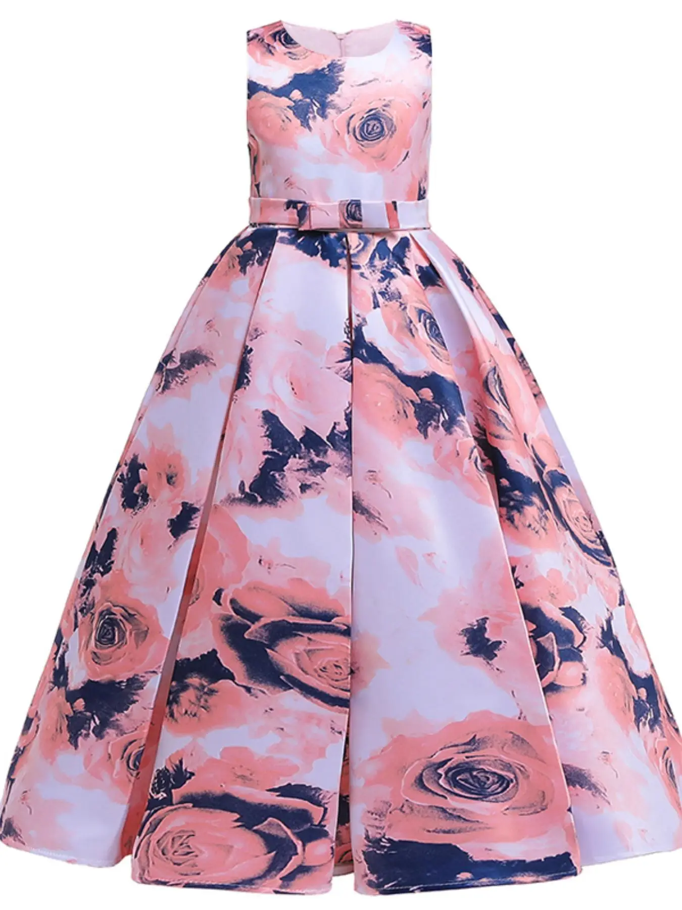 Girl's All Over Floral Print Bow Back Plicated Tank Dress, Elegant Sleeveless Round Neck Maxi Dress for Party Performance Wedding Guest, Kids Clothes