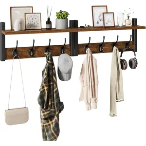 Coat Rack Shelf Wall Mounted, Coat Set of 2, Entryway Coat Hanger with 8, 31.5" Wall Floating Shelf with Hat Rack, for, Bedroom,, Rustic Brown UHWS001H-2
