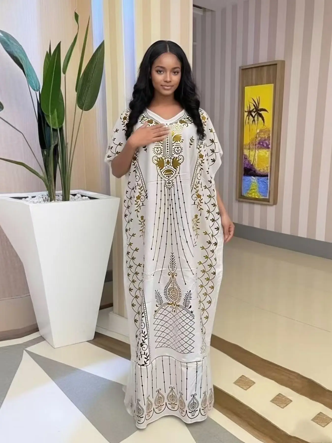 African Style Luxurious Gold Foil Plus Size Women's Bohemian Print Dress, Casual Boho Fashion, Elegant Boho Ethnic Tribal Design, Comfortable Breathable Flowy Fit, Daily Wear & Festive Casual Ethnic Robe With Large Headscarf