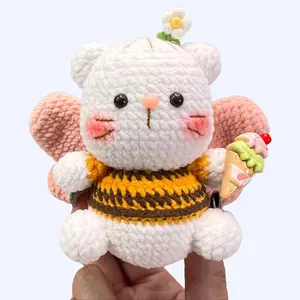 Handmade Amigurumi Crochet White Cat Holding Ice Cream Plushie