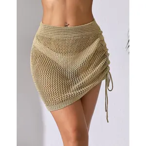 BreathSunny Womens Crochet Mini Skirt Cute Hollow Out Fall Casual Elastic Waist Drawstring Asymmetrical Hem Summer Beach Swim Cover Up 2024 Khaki S