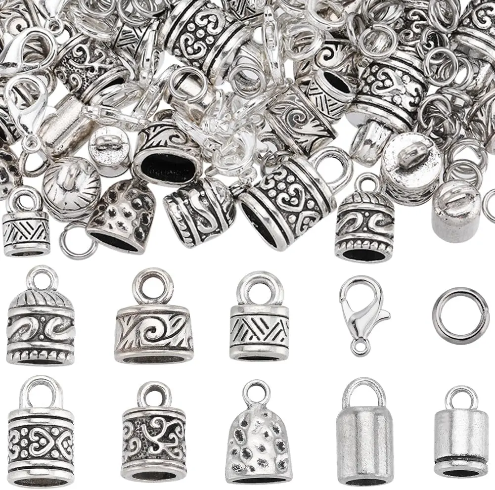 1 Box 230Pcs Cord End Caps Tibetan Antique Silver Leather Kumihimo Bracelets Supplies Glue in Crimp Tube Barrel End Tip Lobster Clasps Jump Rings Cord Terminator for Jewelry Making Kit
