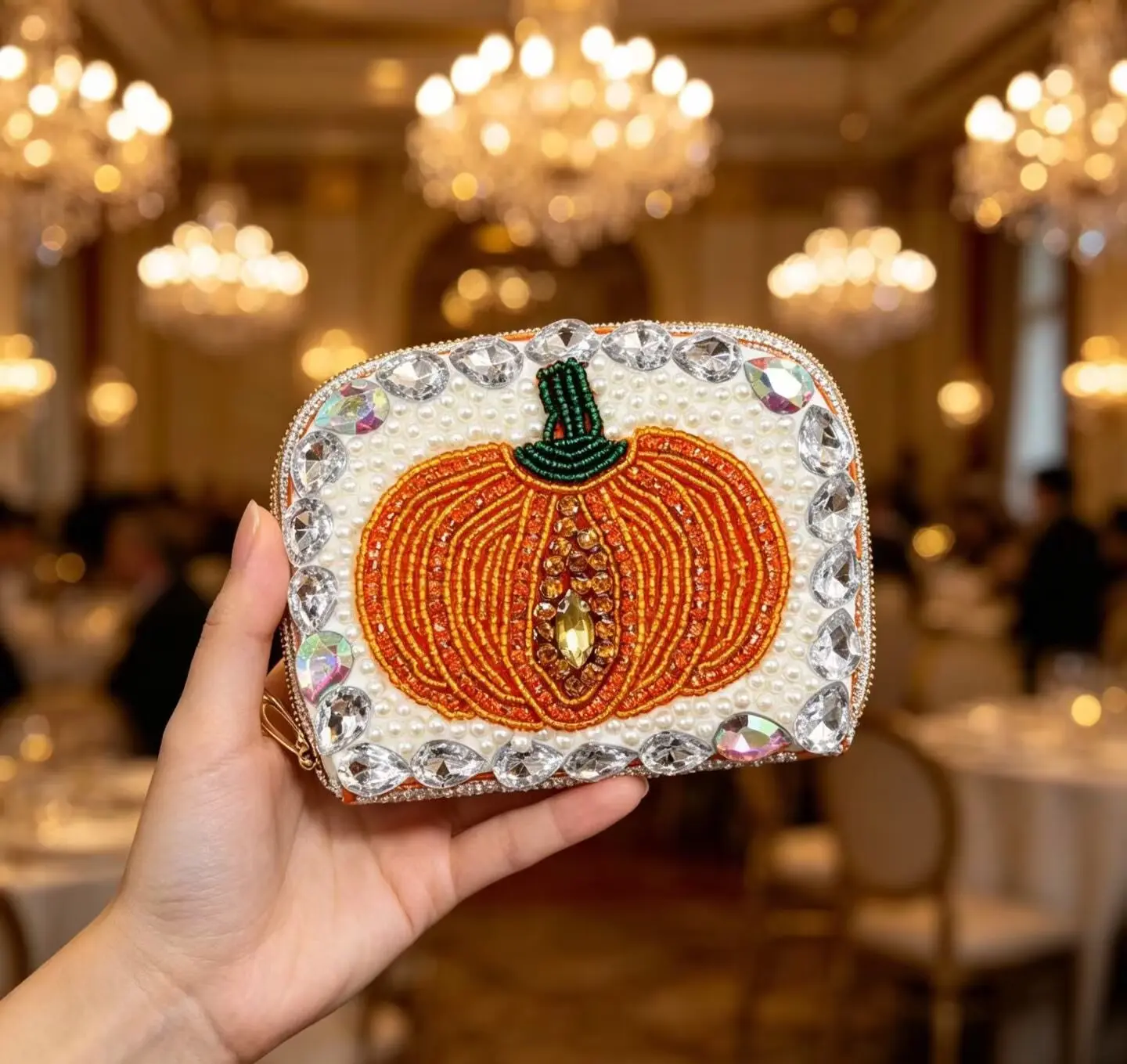 Women's Beaded Pumpkin Shoulder Clutch Bag - Rhinestone Pearl Evening Crossbody Purse with Removable Strap, Fall Halloween Party Handbag (Women's Clutches & Wristlets), Shoulder Clutch Women's Clutches & Wristlets