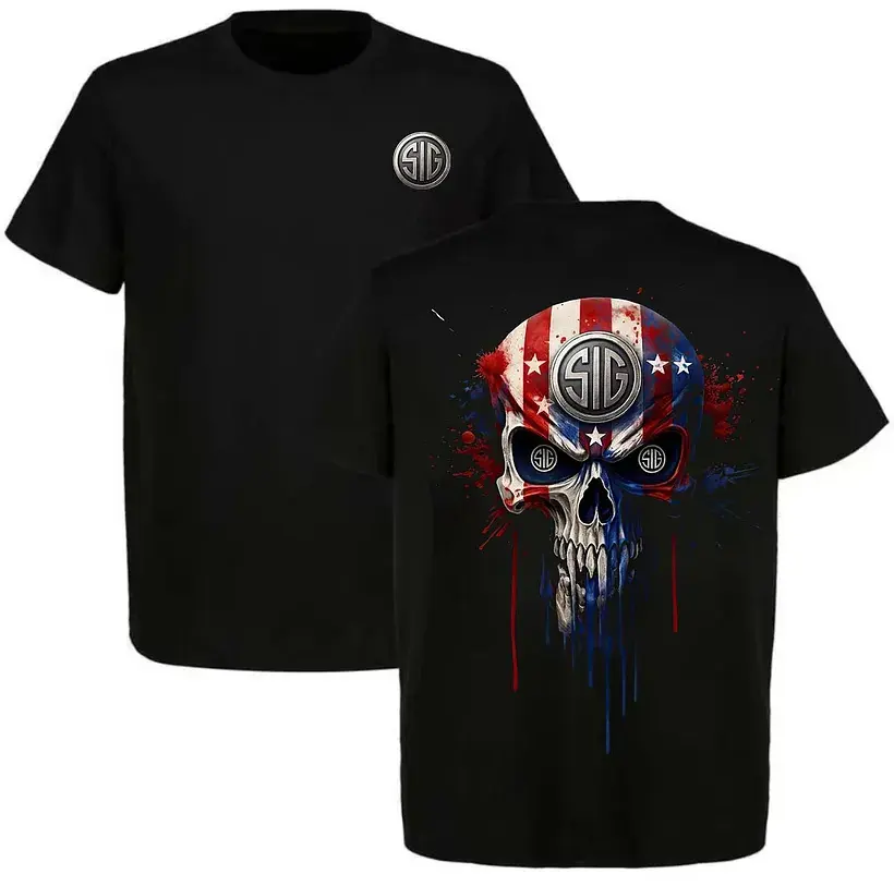 American Flag Skull T-Shirt for Men – Patriotic Front and Back Logo Graphic Tee, Tactical Shooting Range Apparel, Second Amendment Gift for Gun Owners and Veterans