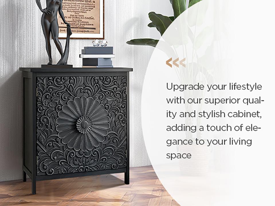 [New Year] PHI VILLA Black Accent Cabinet with 2 Carved Pattern Doors, Solid Wood Frame & Legs for Entryway and Living Room Furniture Design Interior Storage, Christmas Gift