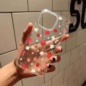 Strawberry Flower Aesthetic Transparent Full-Coverage Drop-Proof Smartphone Casing - 1pc Cellphone Handheld Accessory, Durable, Anti-Stain, Compatible with iPhone 17/16/15/14/13/12/11 Pro Max/Plus/X/8/7, Ideal Birthday Gift summerwins