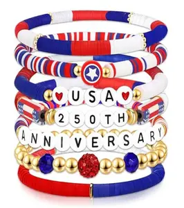 Go Ho 250th Anniversary USA Bracelets, 7 Pack 4th of July Patriotic Clay Beaded Stretch Bracelets, American Flag Red White and Blue Jewelry for Independence Day, Accessories for Shirts Outfits