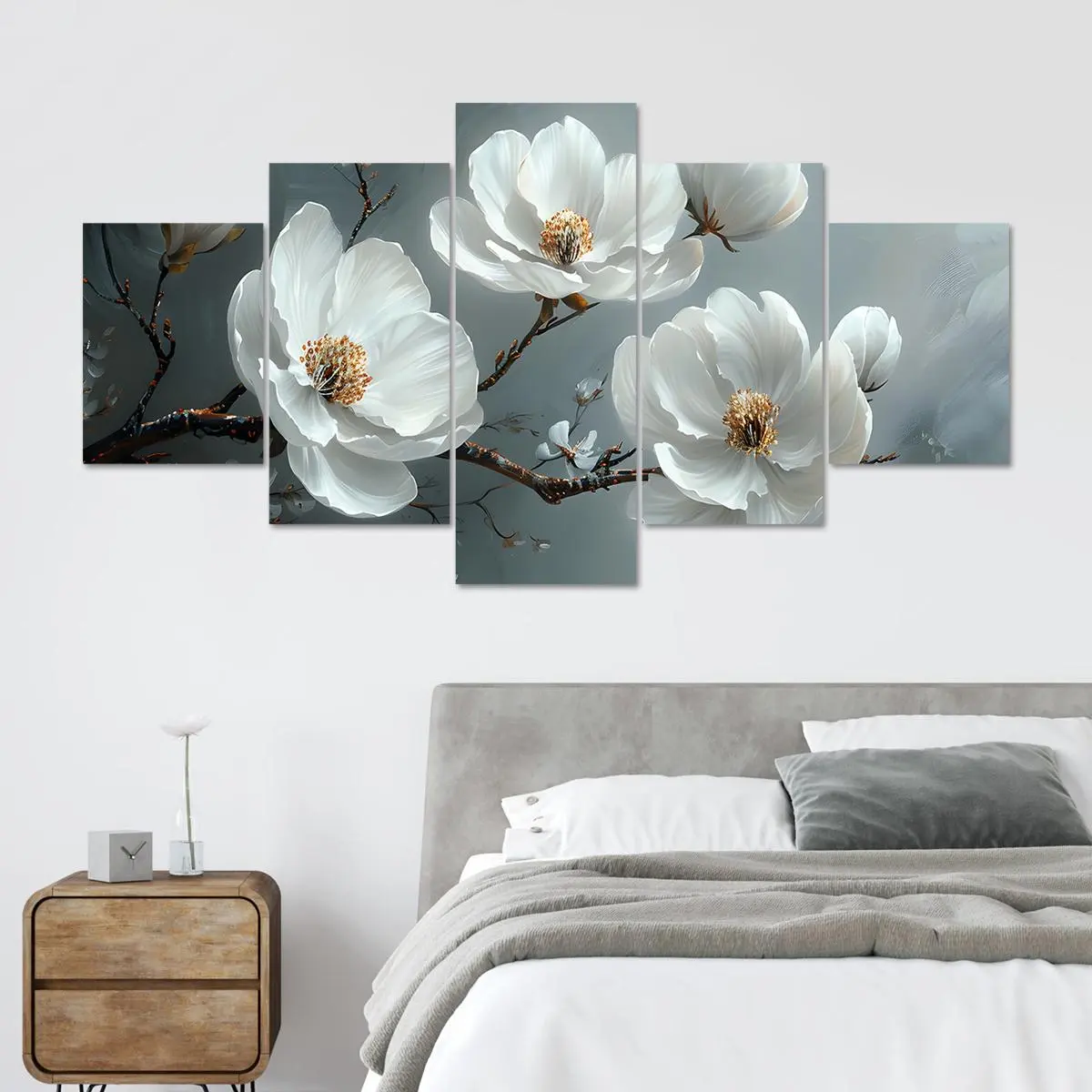 White Magnolia Pattern Canvas Painting, 5 Counts/set Modern Art Wall Decor, Wall Art Decoration, Wall Art for Home Living Room Bedroom Office, Ornaments, Home Decor Products
