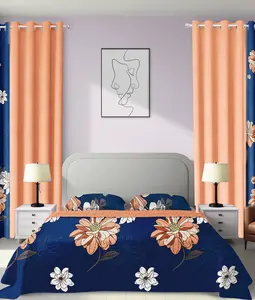 Deep Blue Floral 9-Piece bedspread set | Complete Bed-in-a-Bag with Matching Curtains | Red & White Blooms on Navy Blue, Ultra-Soft Microfiber for Luxury Comfort | Fits Queen, King, Cal King