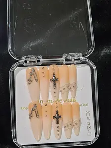 Chrome Powder Nails - Nude Skin Color Press On Nails with Y2K Punk Aesthetics Silver Crosses Safety Pins Rhinestones Beads