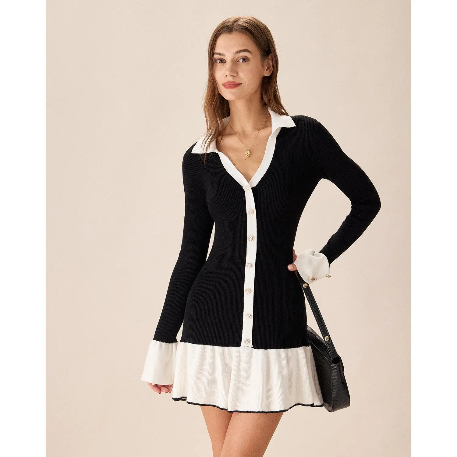 Rihoas Women's Soft Knit Long-Sleeve Bell-Shaped A-Line Knit Dress - Black Contrasting Design, Button Front, Rib Detailing, Polyester-Nylon-Viscose-Rayon Fabric, Breathable Fit, Suitable for Office & Casual Wear, Knitting