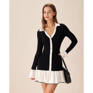 Rihoas Women's Soft Knit Longsleeve Sweater Dress - Black Contrasting Design, Polyester-Nylon-Viscose Blend, Breathable Fit, Bell-Shaped Casual Dresses, Suitable for Office & Casual Wear