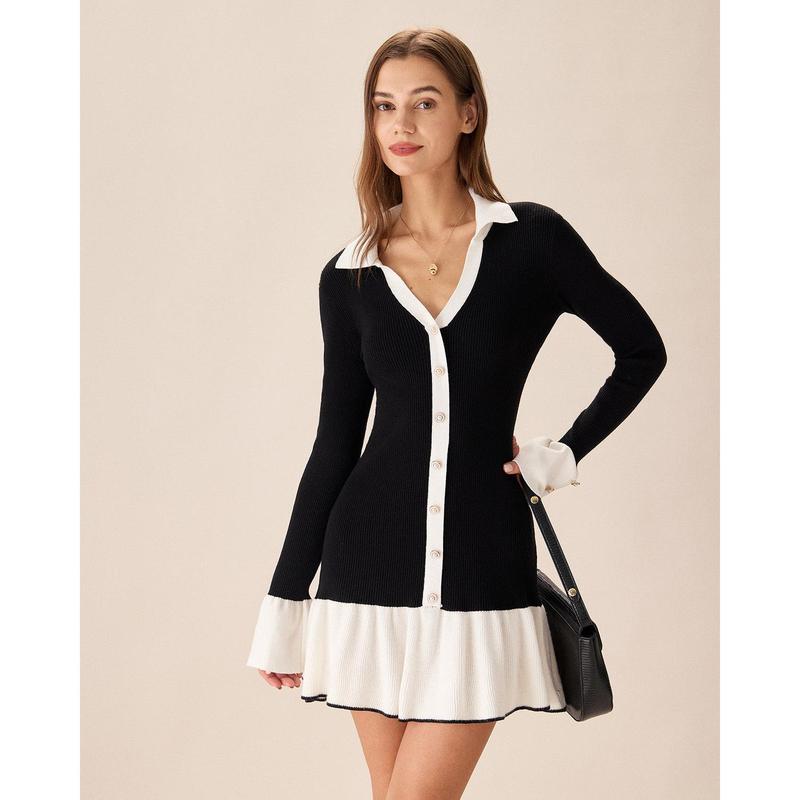 Rihoas Women's Soft Knitting Long-Sleeve Bell-Shaped A-Line Dress - Black Contrasting Design, Button Front, Rib Detailing, Polyester-Nylon-Viscose-Rayon Fabric, Breathable Fit, Corporate Attire Women, Office Wear