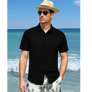 Men's Casual Short Sleeve Button Down Shirt Textured Summer Beach Shirt Classic Fit Elastic Fabric Breathable Tops