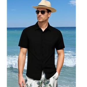 Men's Casual Short Sleeve Button Down Shirt Textured Summer Beach Shirt Classic Fit Elastic Fabric Breathable Tops