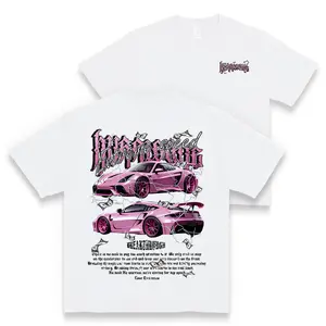 Men's Streetwear Shirt -- Pink, sports car and money lightning print, crew neck, short sleeves, regular fit, medium Stretchy for summer weekends