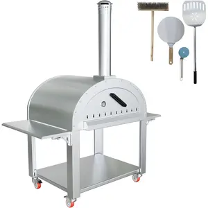 Multi-Functional Outdoor Pizza Oven,2-Layer Pellet Pizza Oven Movable Pizza Maker for Backyard, Patio & Outdoor Kitchen, Stainless Steel Kiln-Style Vertical Charcoal Pizza Oven Silver,4 Wheel