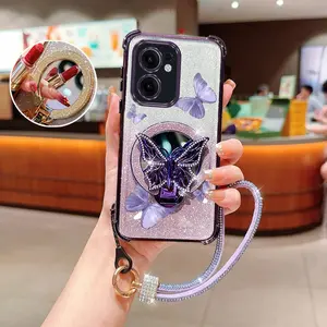 Reno13F Popular Series Diamond Strap Lanyard Phone Holder Case For Compatible With Oppo Reno 13F Transparent Glitter Shiny Cover and Durable Flying Purple Butterflies Protector Cases