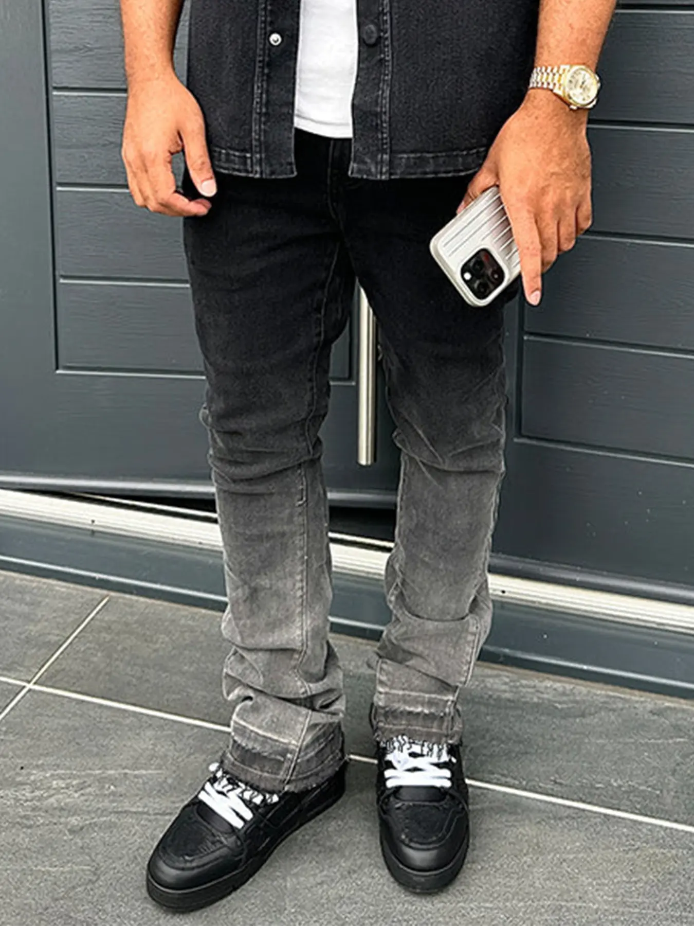 Four Seasons Men's Black Retro Stone Washed Gradient Slim Elastic Flared Jeans, Y2K Style American Streetwear Casual All-Match Design, Suitable as a Gift for Boyfriend or Husband