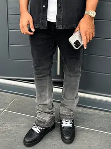 Four Seasons Men's Black Retro Stone Washed Gradient Slim Elastic Flared Jeans, Y2K Style American Streetwear Casual All-Match Design, Suitable as a Gift for Boyfriend or Husband
