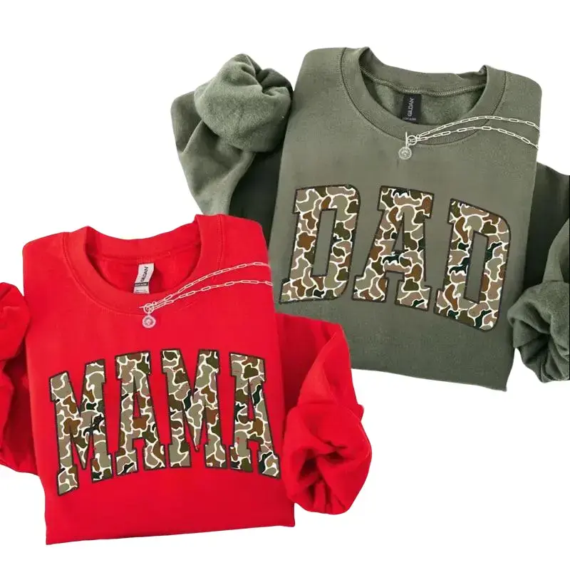 Women's Casual Cotton Printed Round Neck Matching Sweatshirts - Mama & Dad Camo Tops - Cozy Couple Apparel - Perfect Gift for Parents - TrendWear USA