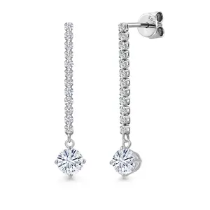 14K White Gold White Moissanite and White Lab Grown Diamond Long Liner Dangle Earrings for Women | 1.36 Cttw | Gemstone Birthstone | Round 5MM | White Gold Chain Drop Earrings