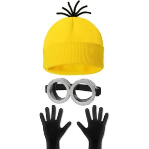 3 Pcs Minion Costume Accessories Set for Adults - Yellow Beanie with Pipe Cleaner Hair, Steampunk Goggles, Black Gloves - Funny Halloween Cosplay Outfit for Men & Women, DIY Minion Costume Kit, Cartoon Character Dress Up Party Props, hat and gloves set