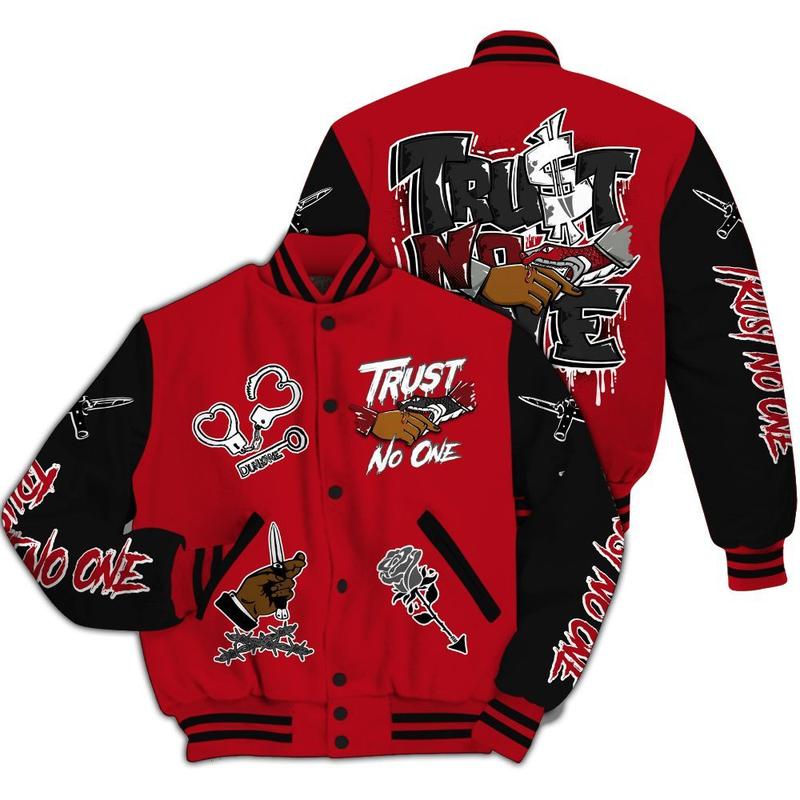 Bred Velvet 11s - Trust No One Dripping All Over Print Varsity Jacket, 90s Hip Hop Baseball Jacket, Sports Lightweight Jacket, Stylish Unisex Streetwear Outerwear, Sneaker Match Streetwear Jacket
