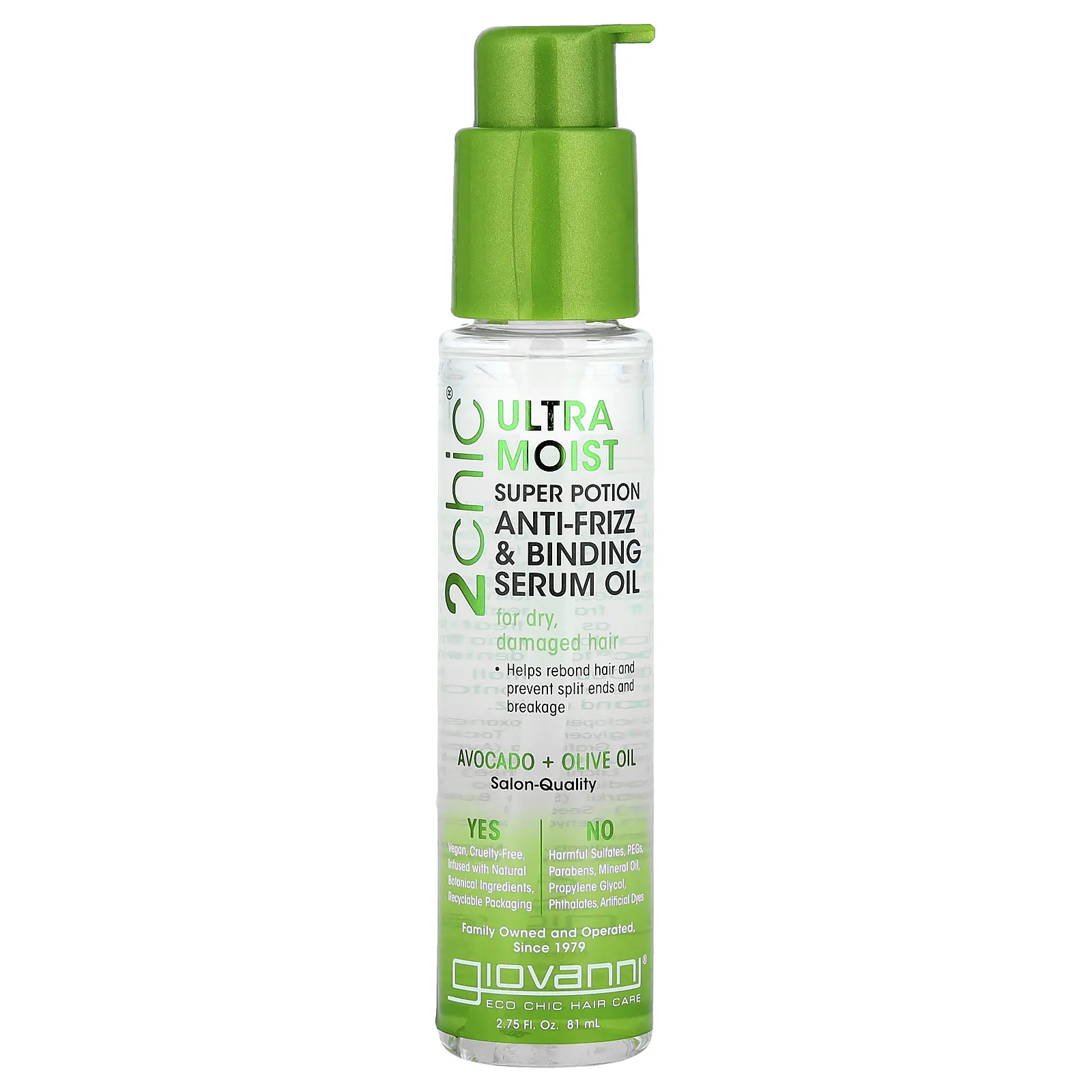 Giovanni 2chic®, Ultra-Moist Super Potion Anti-Frizz & Binding Serum Oil, For Dry, Damaged Hair, Avocado + Olive Oil, 2.75 fl oz (81 ml)