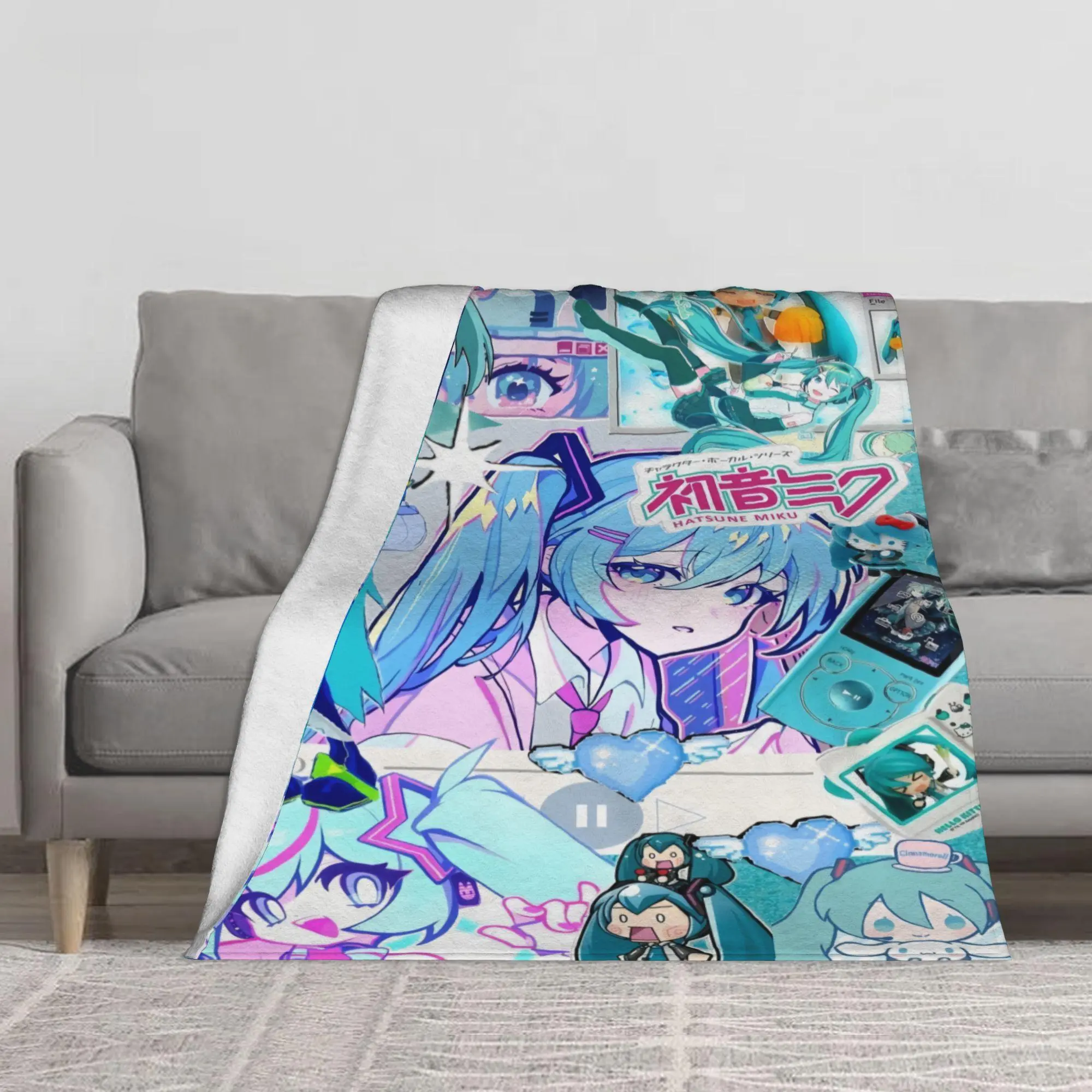 Hatsune Miku Kawaii Anime Collage Flannel Fleece Blanket, Multi‑Size Cozy Soft Plush Throw, Vocaloid Character Printed Blanket for Couch Bed, Ideal Anime Fan Gift