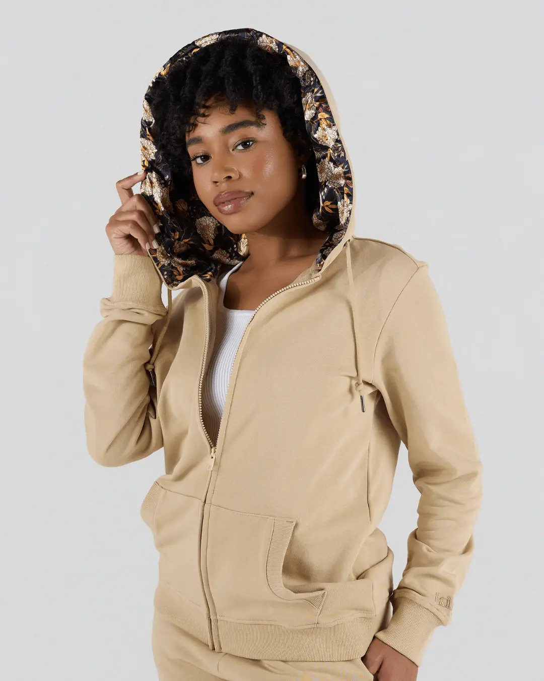 Desert Sand Floral Thin Satin Lined Zip Up Hoodie