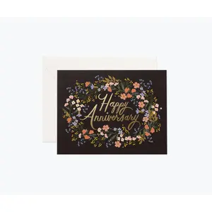 Anniversary Wreath Card with "Happy Anniversary" Text and Floral Design on Black Background