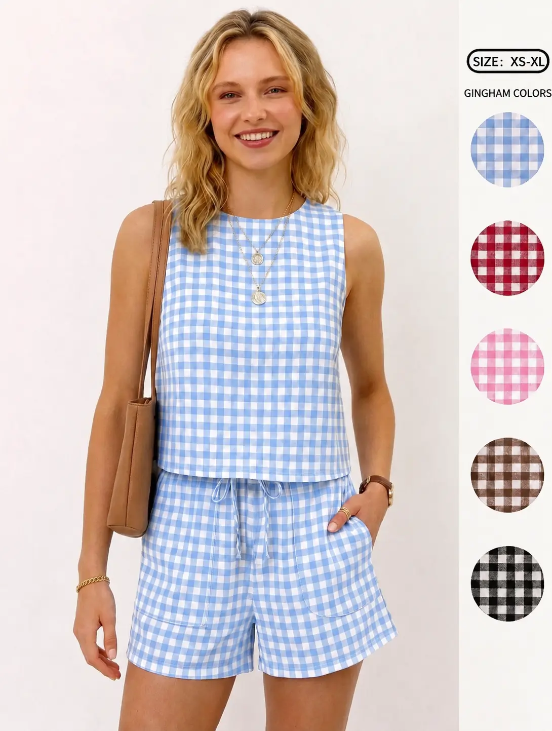 IDEALSANXUN Women's Cropped Gingham Ribbed 2-Piece Matching Set - Sleeveless Crew Neck Knit Short & Top, Casual Spring Summer Beach Outfits, Women's 2 Piece Sets, 2 Piece Sets Women