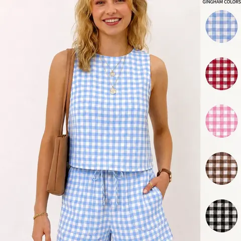 IDEALSANXUN Women's 2-Piece Casual Cotton Fabric Set - Sleeveless Crew Neck Ribbed Gingham Elastic Cropped Tank Top & Above-the-Knee Shorts, Fit for Spring Summer Beach Womenswear Sets
