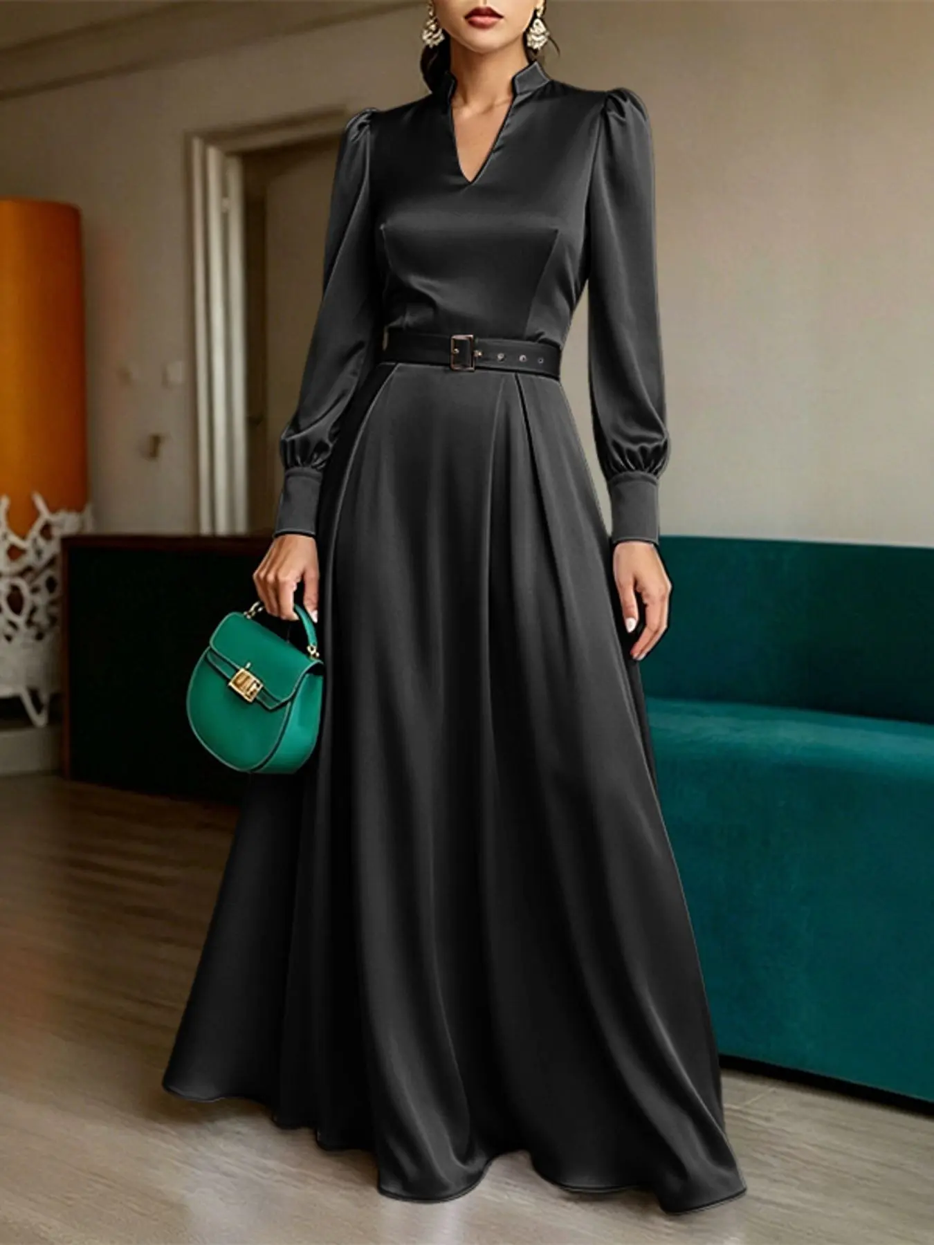 ZANZEA Women's V Neck Long Sleeve Satin a Line Dress, Side Zipper Waist Belt, Casual Daily Wear, Formal European Style Office Aesthetic, Chic, Elegant