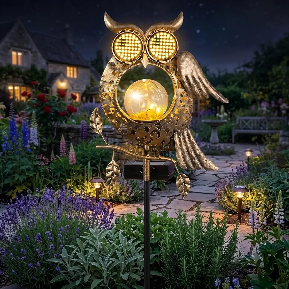 Solar Powered Metal Owl Garden Stake - Lighted Hollow Out Owl Outdoor Art with Glowing Globe, LED Garden Decor for Pathway Patio Lawn Ornament