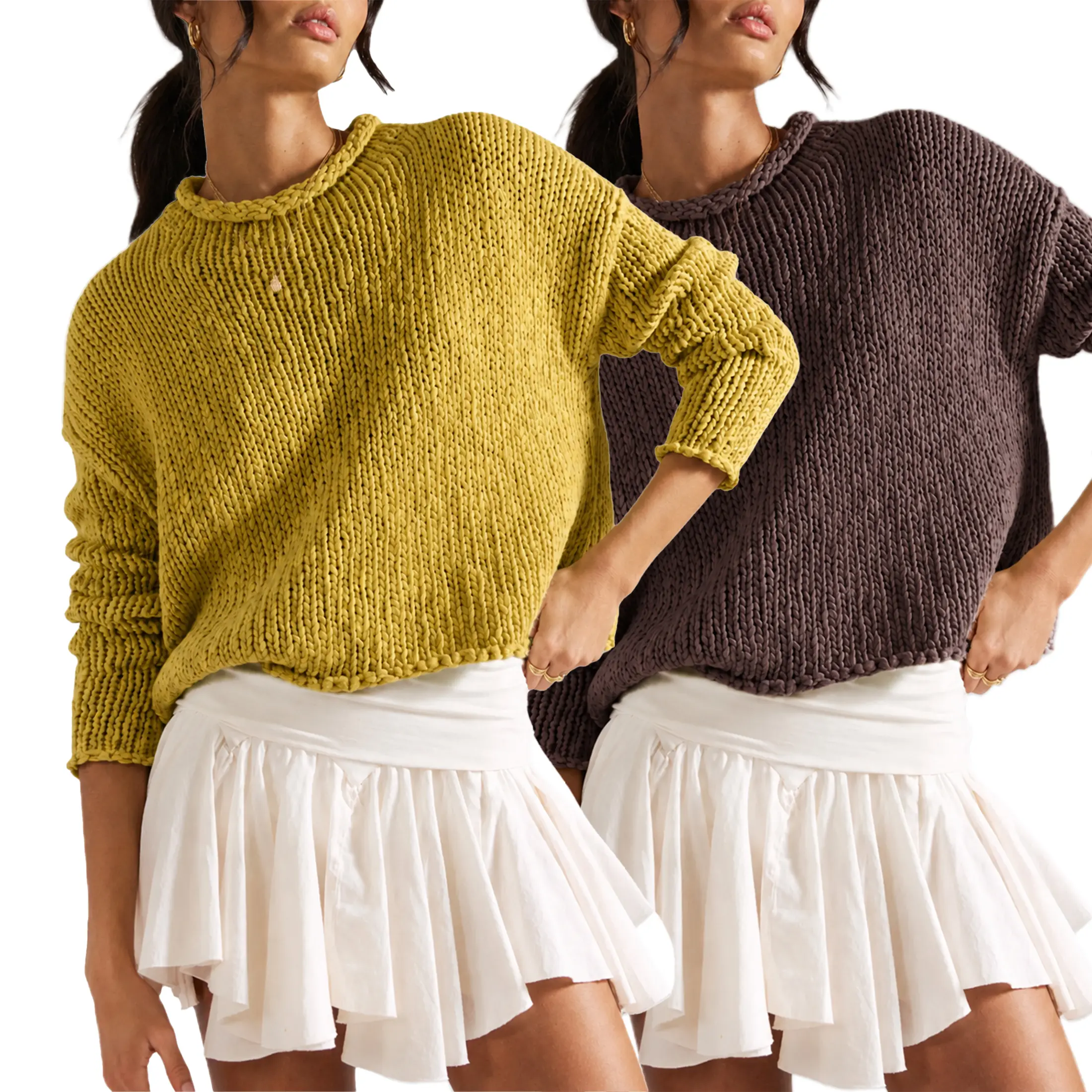 Wandal Women's Basic Knitting Cotton Blend Chunky Knit Cropped Sweater - Rolled Crew Neck, Oversized Drop Shoulders, Loose Boxy Long Sleeve Top for Casual Chic Fall Aesthetic (XS-XL Sizes)