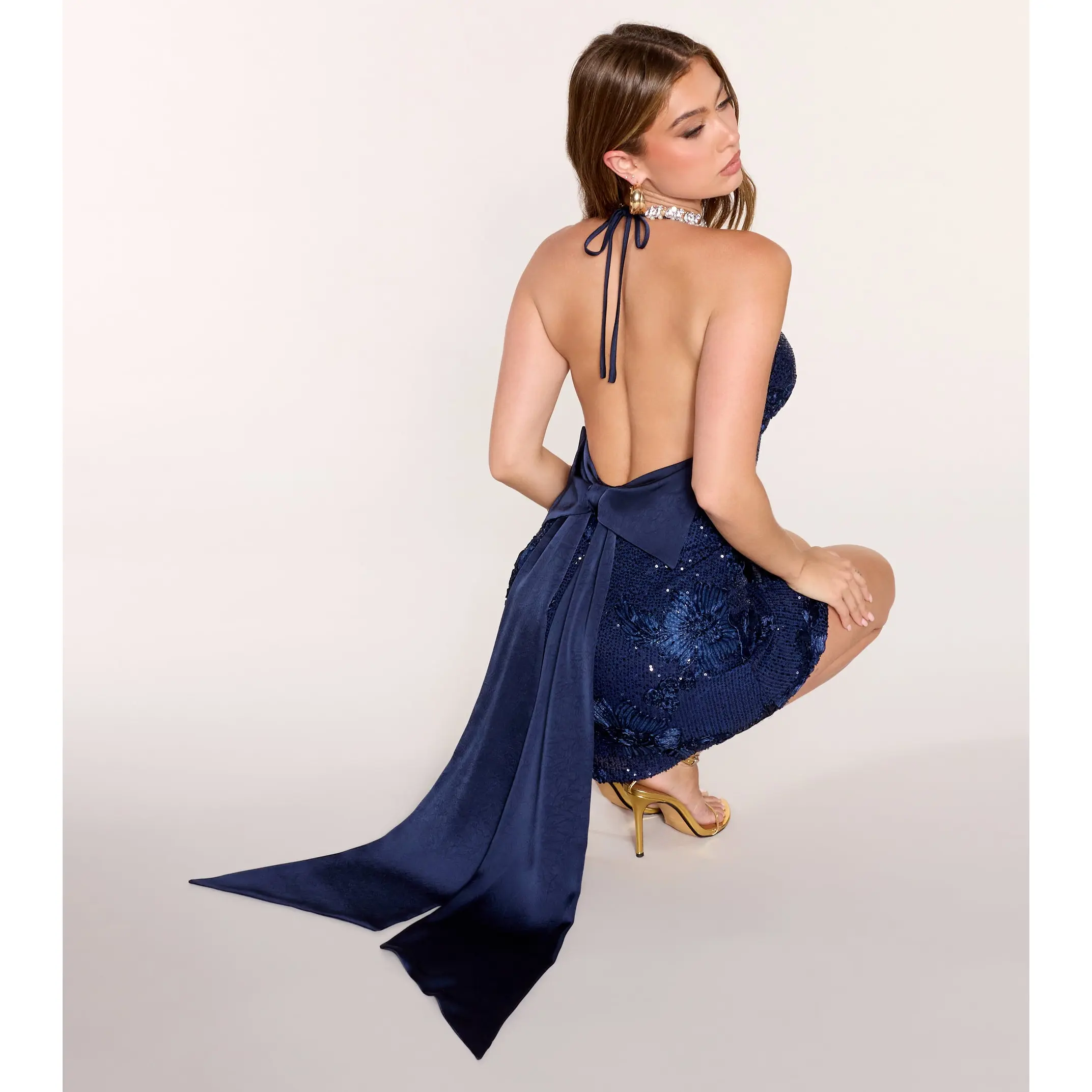 Bow Belle Sequin Floral Open Back Mini Dress