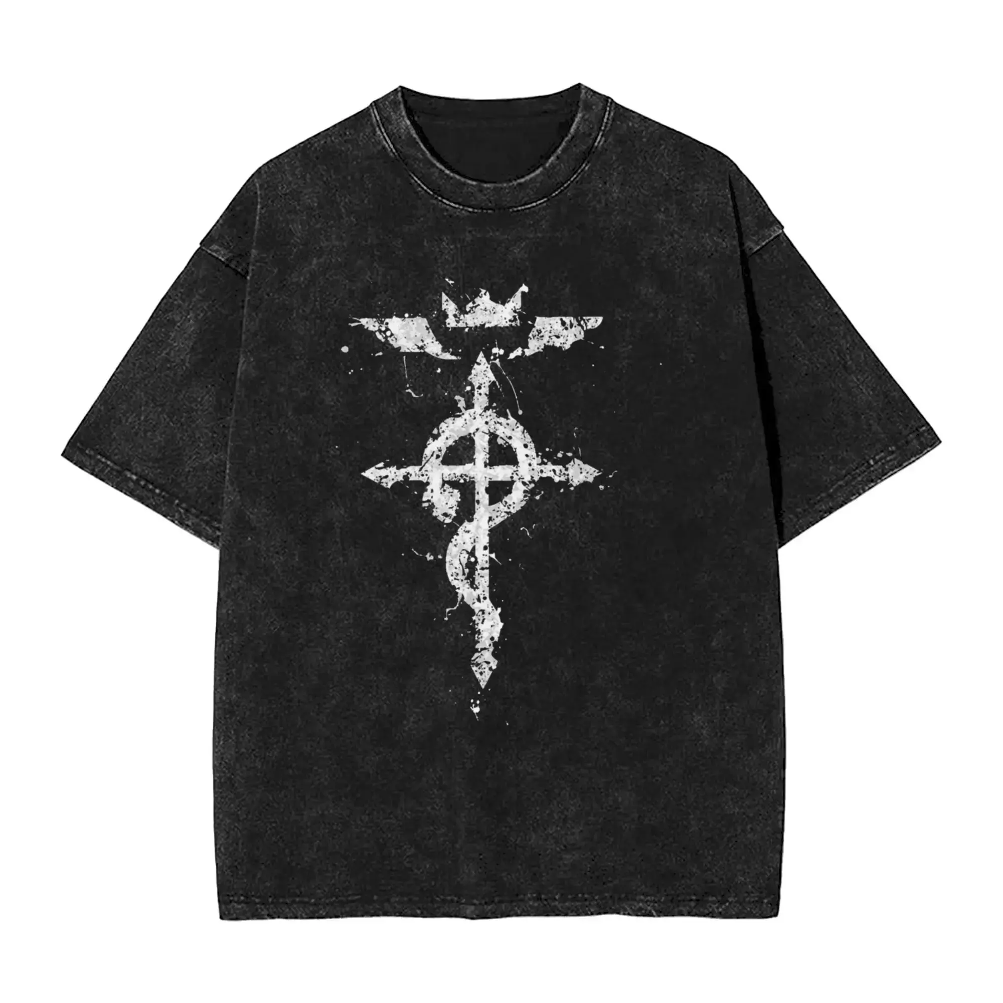 Fullmetal Alchemist Flamel Symbol Graphic Tee Vintage Mineral Wash Oversized T Shirt FMA Manga Merch Streetwear Aesthetic Goth Grunge Y2K Fashion Viral Trending Summer Casual Top Anime Lover Gift Cyberpunk Dark Academia Tee Edward Elric
