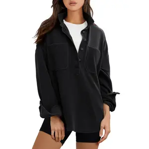 ANRABESS Sweatshirt for Women Oversized Casual Long Sleeve Side Slit Button Lapel Polo Pullover Tunic Tops 2025 Fall Outfits